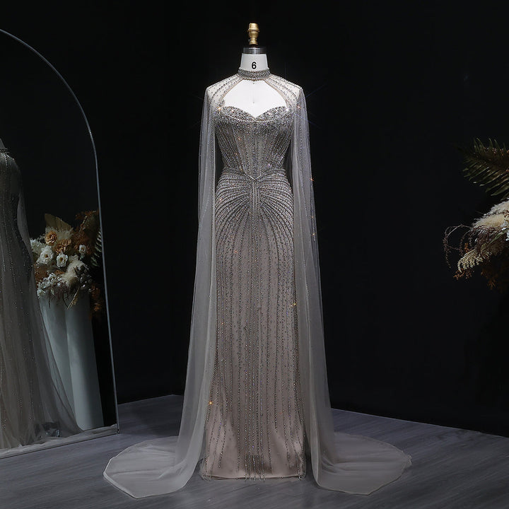 Shimmering Beaded Evening Dress with Cape Train SS156