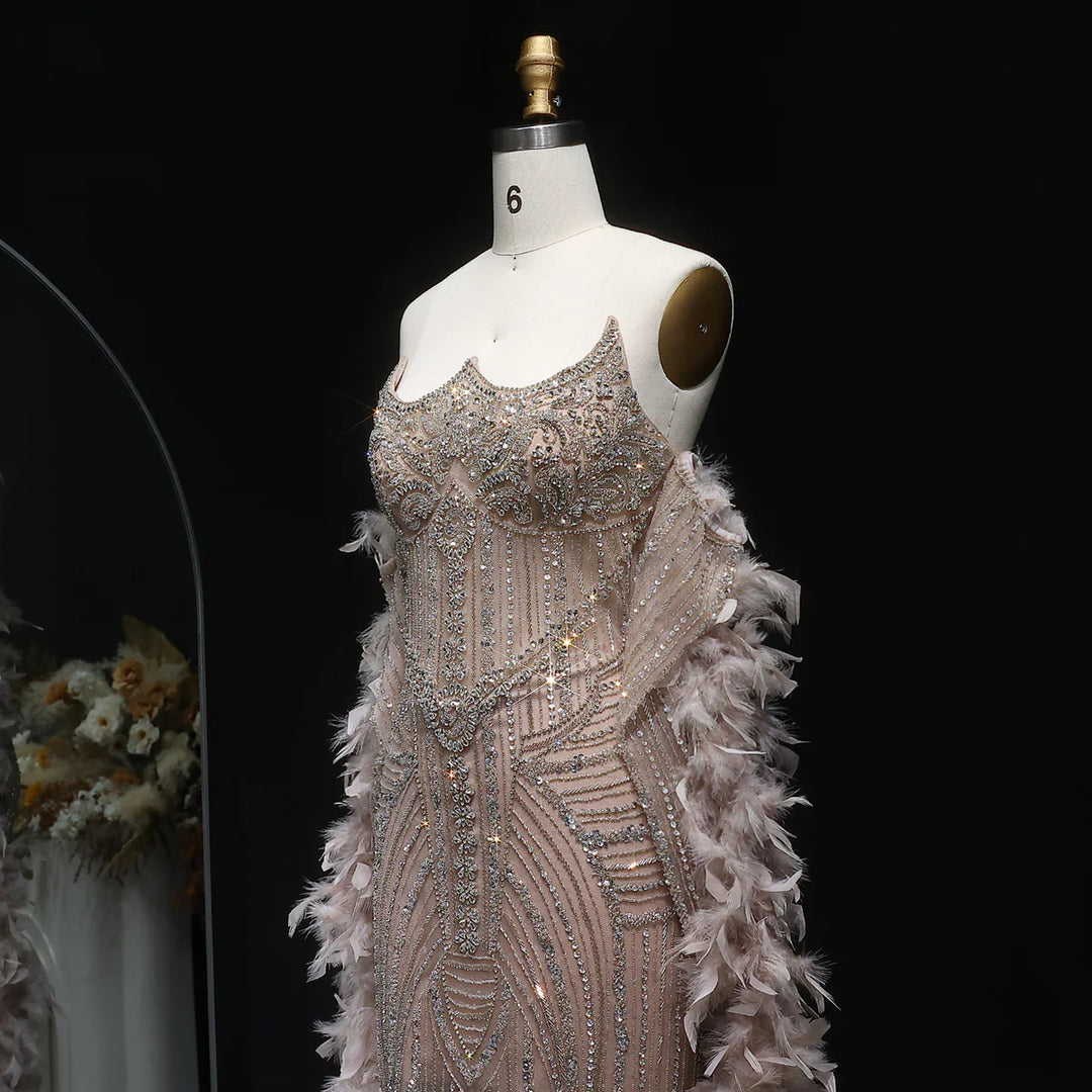 Luxury Champagne Beaded Evening Dress with Feather Shawl SS067