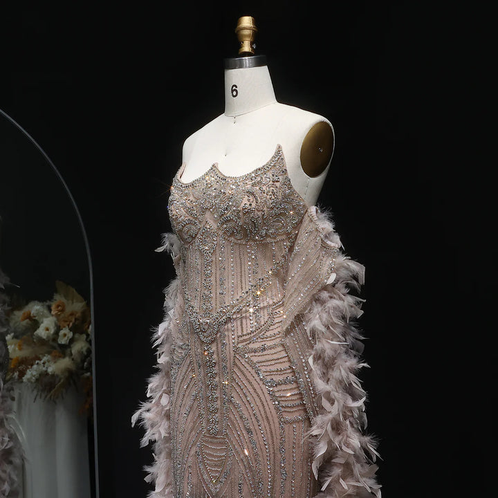 Luxury Champagne Beaded Evening Dress with Feather Shawl SS067
