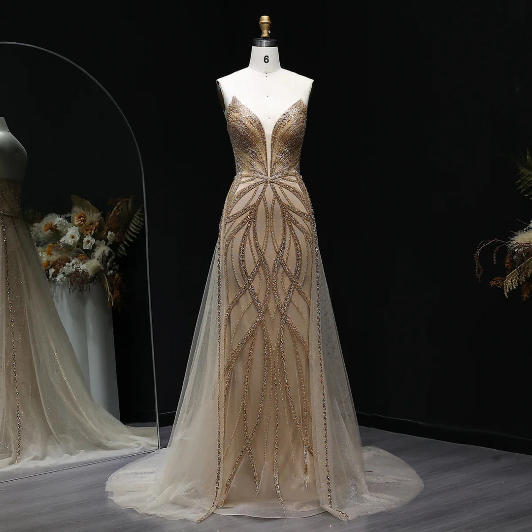 Luxury Champagne Evening Dress with Dramatic Overskirt SS068