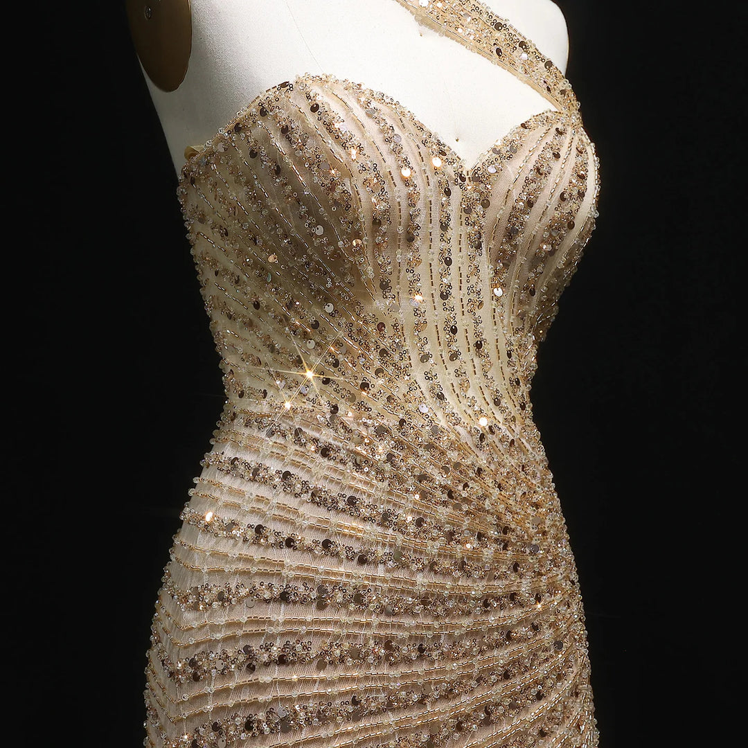 Glamorous Champagne Crystal Evening Dress with High Slit SS084