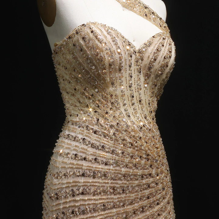 Glamorous Champagne Crystal Evening Dress with High Slit SS084
