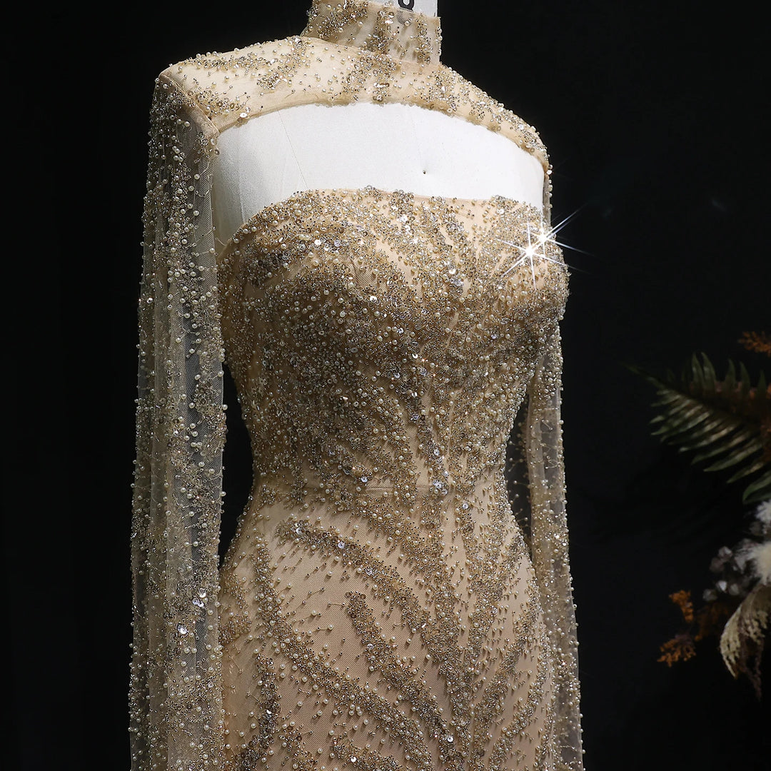 Glamorous Beaded Evening Dress with Flowing Cape Sleeves SS663