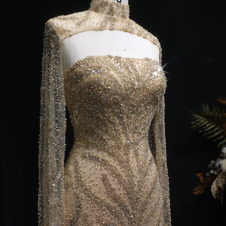 Glamorous Beaded Evening Dress with Flowing Cape Sleeves SS663