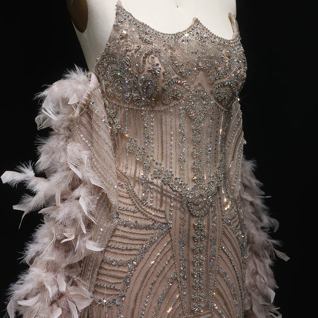 Luxury Champagne Beaded Evening Dress with Feather Shawl SS067