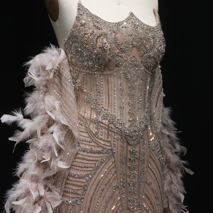 Luxury Champagne Beaded Evening Dress with Feather Shawl SS067