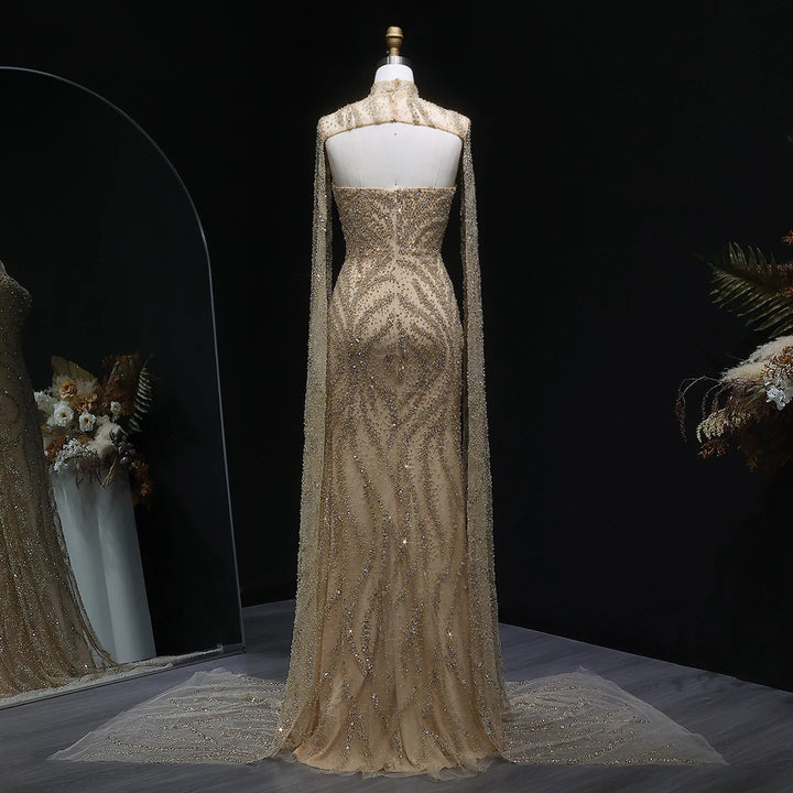 Glamorous Beaded Evening Dress with Flowing Cape Sleeves SS663