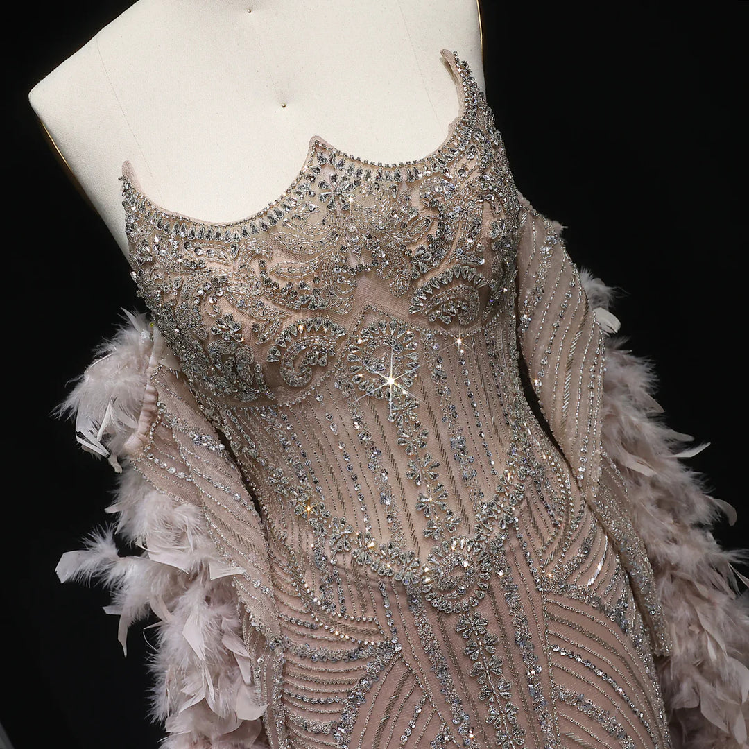Luxury Champagne Beaded Evening Dress with Feather Shawl SS067