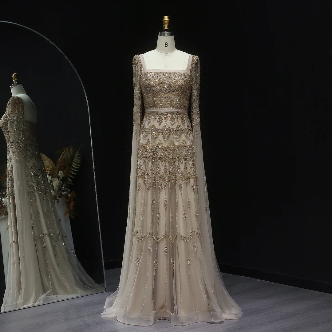 Luxury Wine Red Burgundy Evening Dress with Cape Sleeves SS461