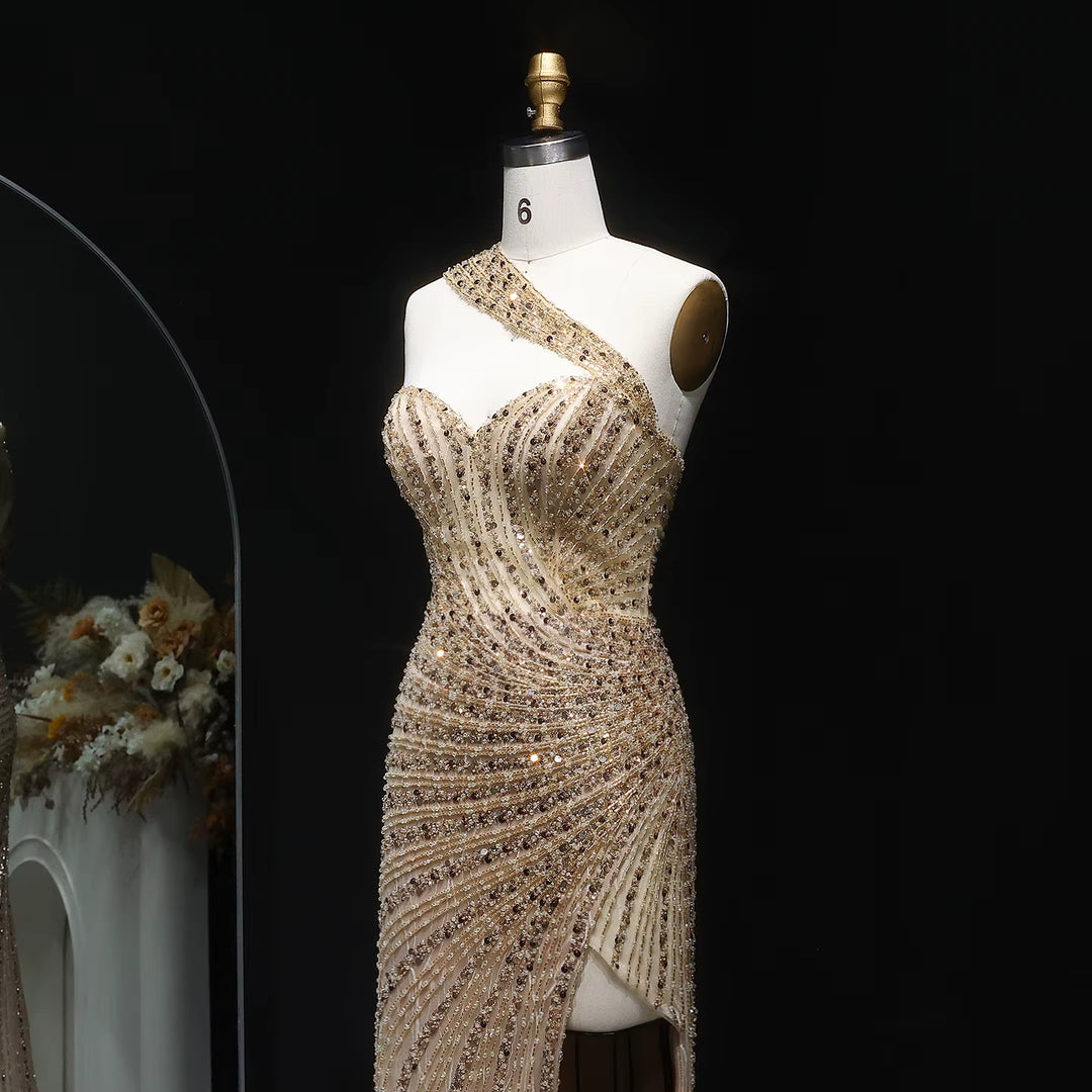 Glamorous Champagne Crystal Evening Dress with High Slit SS084