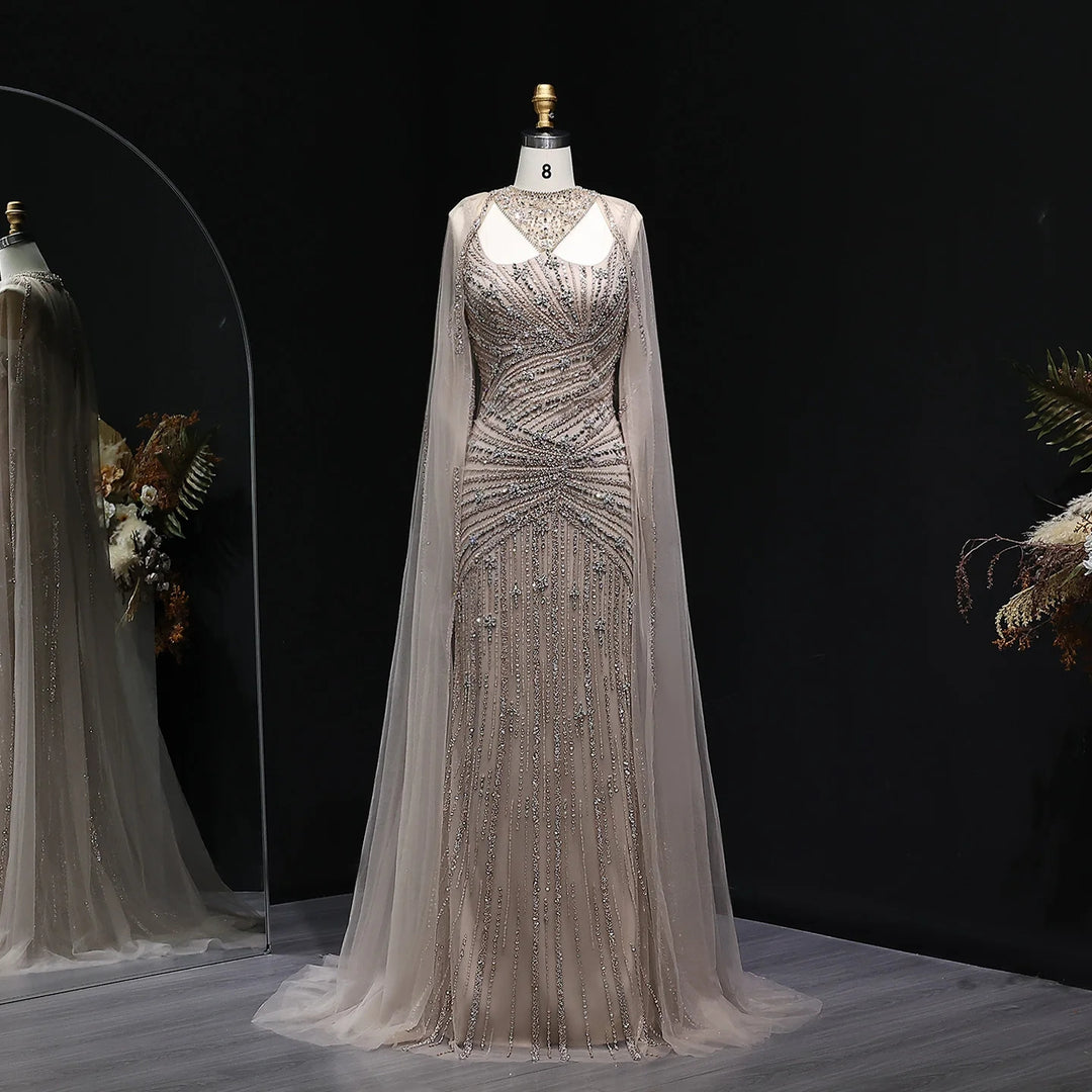 Elegant Beaded Mermaid Evening Dress with Cape Sleeves SS149