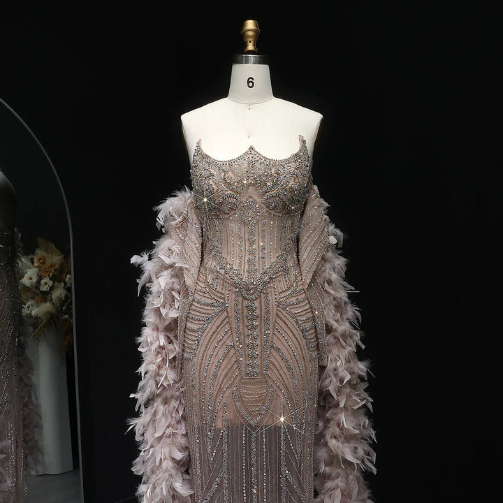 Luxury Champagne Beaded Evening Dress with Feather Shawl SS067