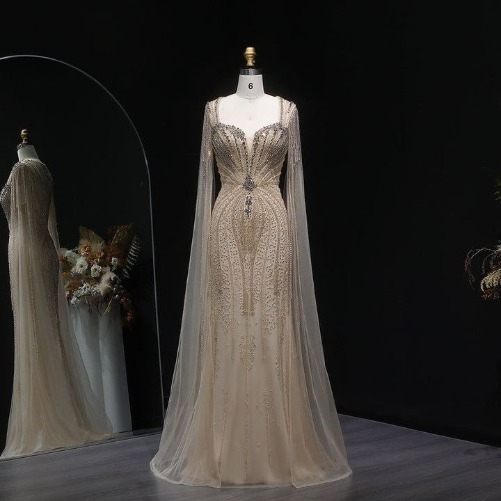 Sophisticated Evening Dress with Sheer Cape Sleeves SS024