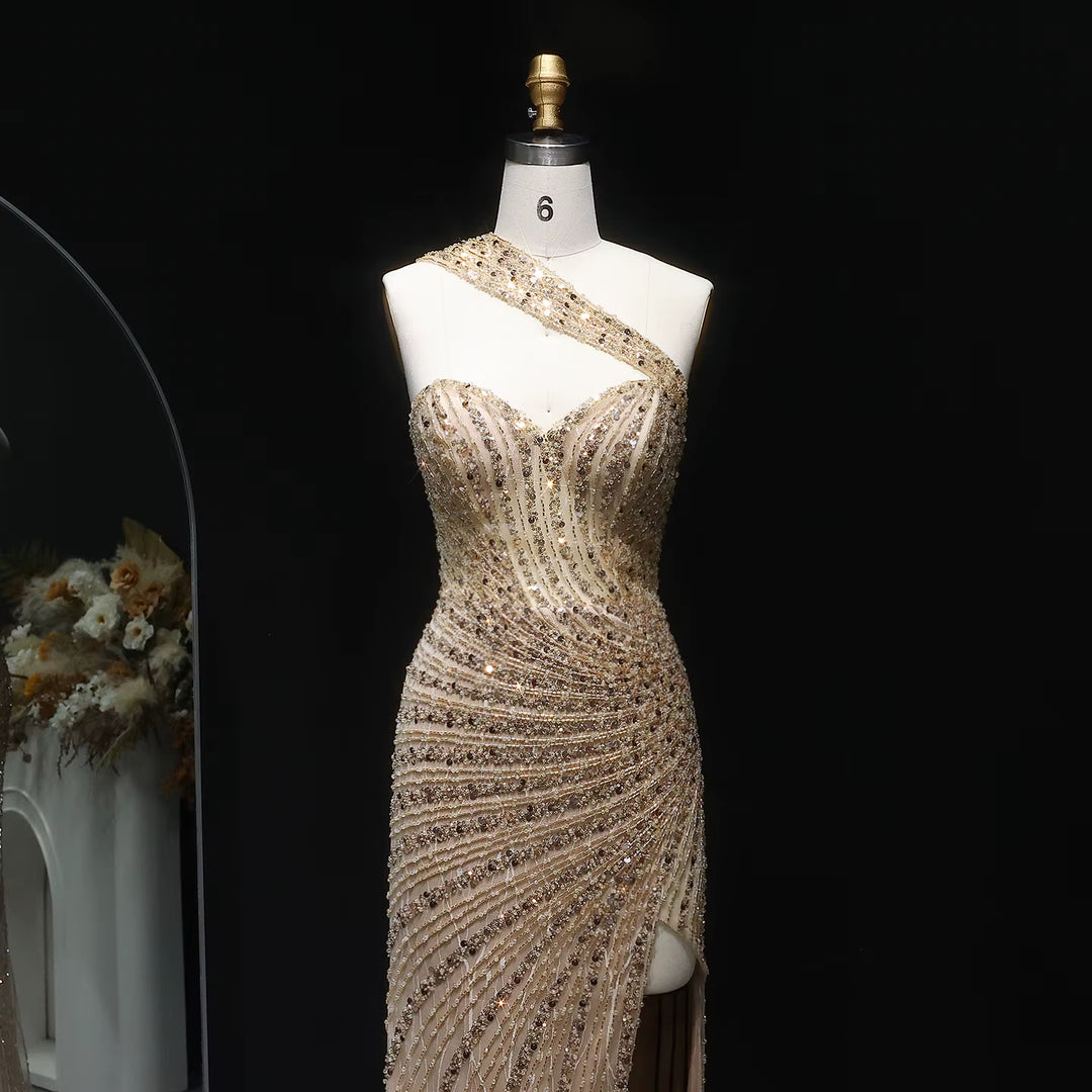 Glamorous Champagne Crystal Evening Dress with High Slit SS084