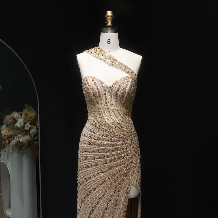 Glamorous Champagne Crystal Evening Dress with High Slit SS084