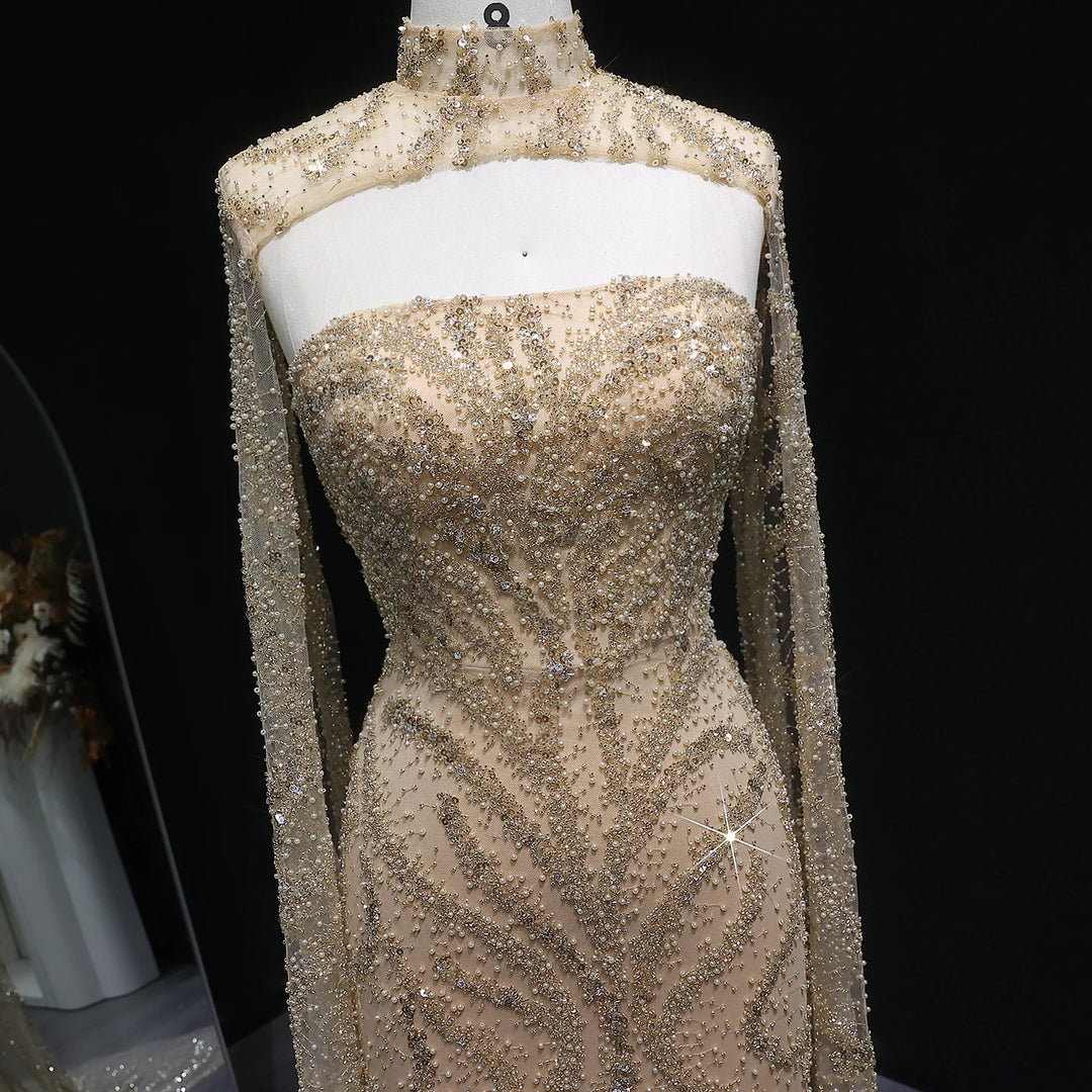 Glamorous Beaded Evening Dress with Flowing Cape Sleeves SS663