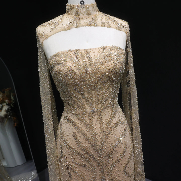 Glamorous Beaded Evening Dress with Flowing Cape Sleeves SS663