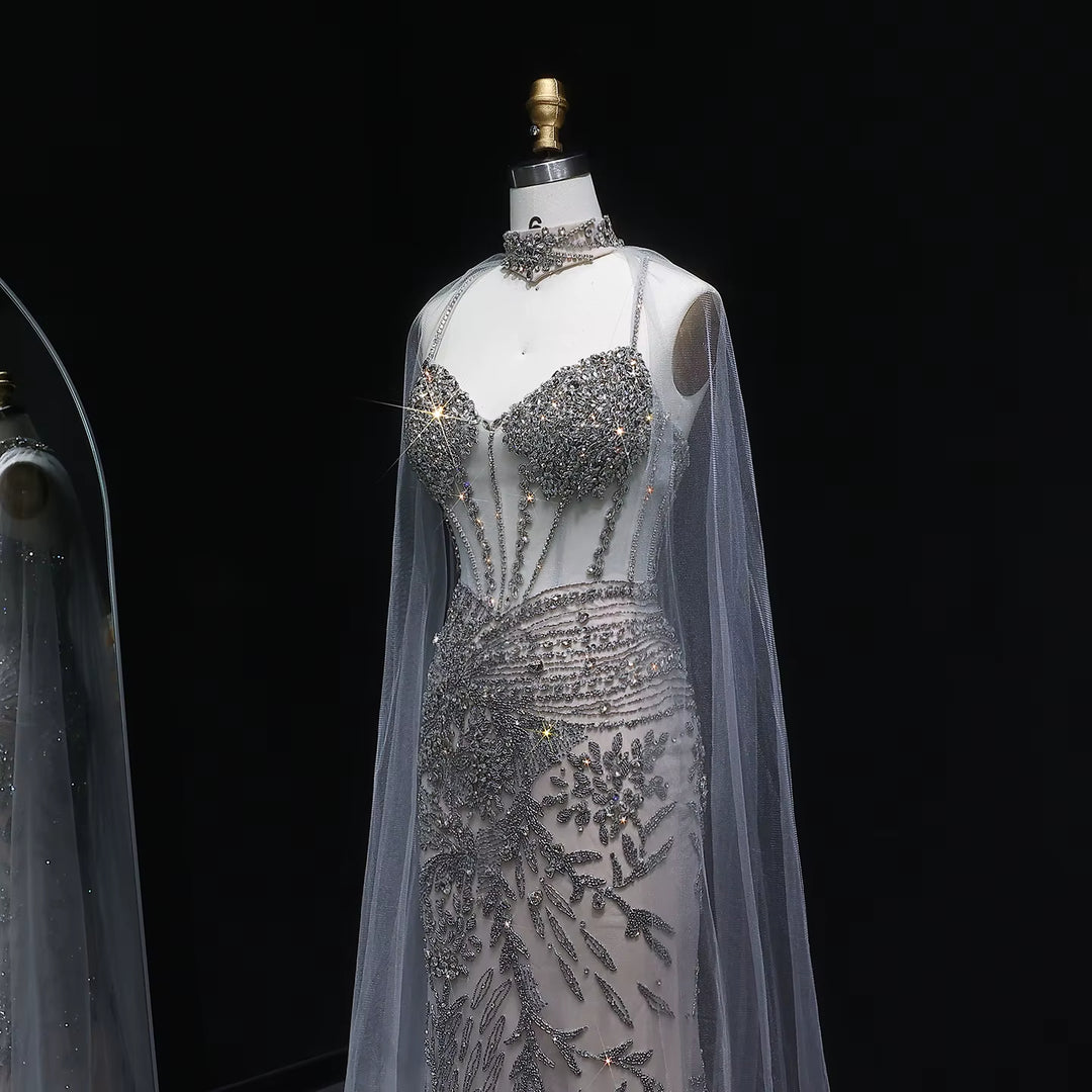 Elegant Champagne Evening Dress with Flowing Cape SS071