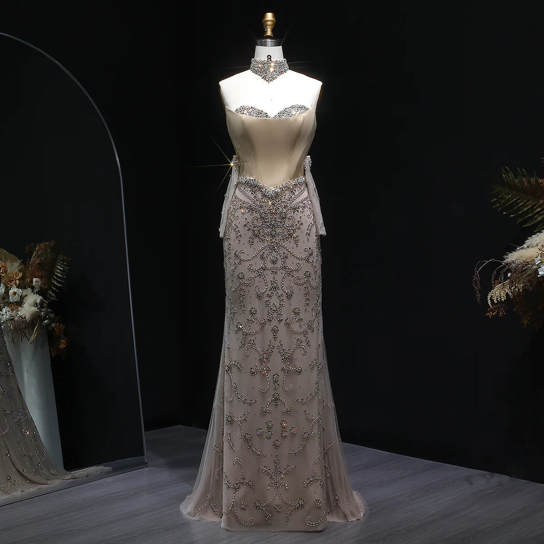 Elegant Champagne Beaded Evening Dress with Scarf Gloves SS069