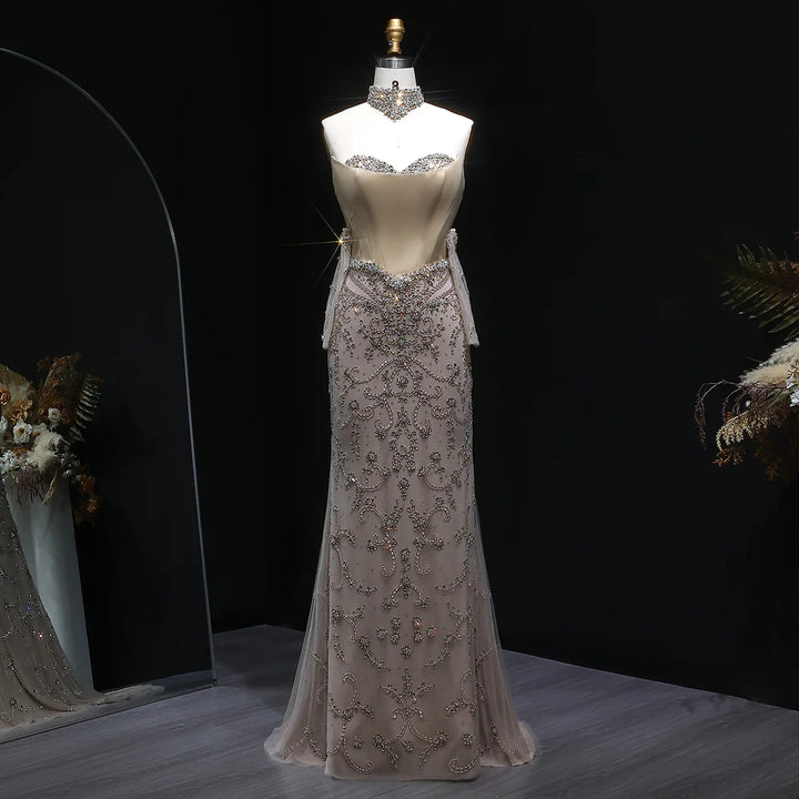 Elegant Champagne Beaded Evening Dress with Scarf Gloves SS069