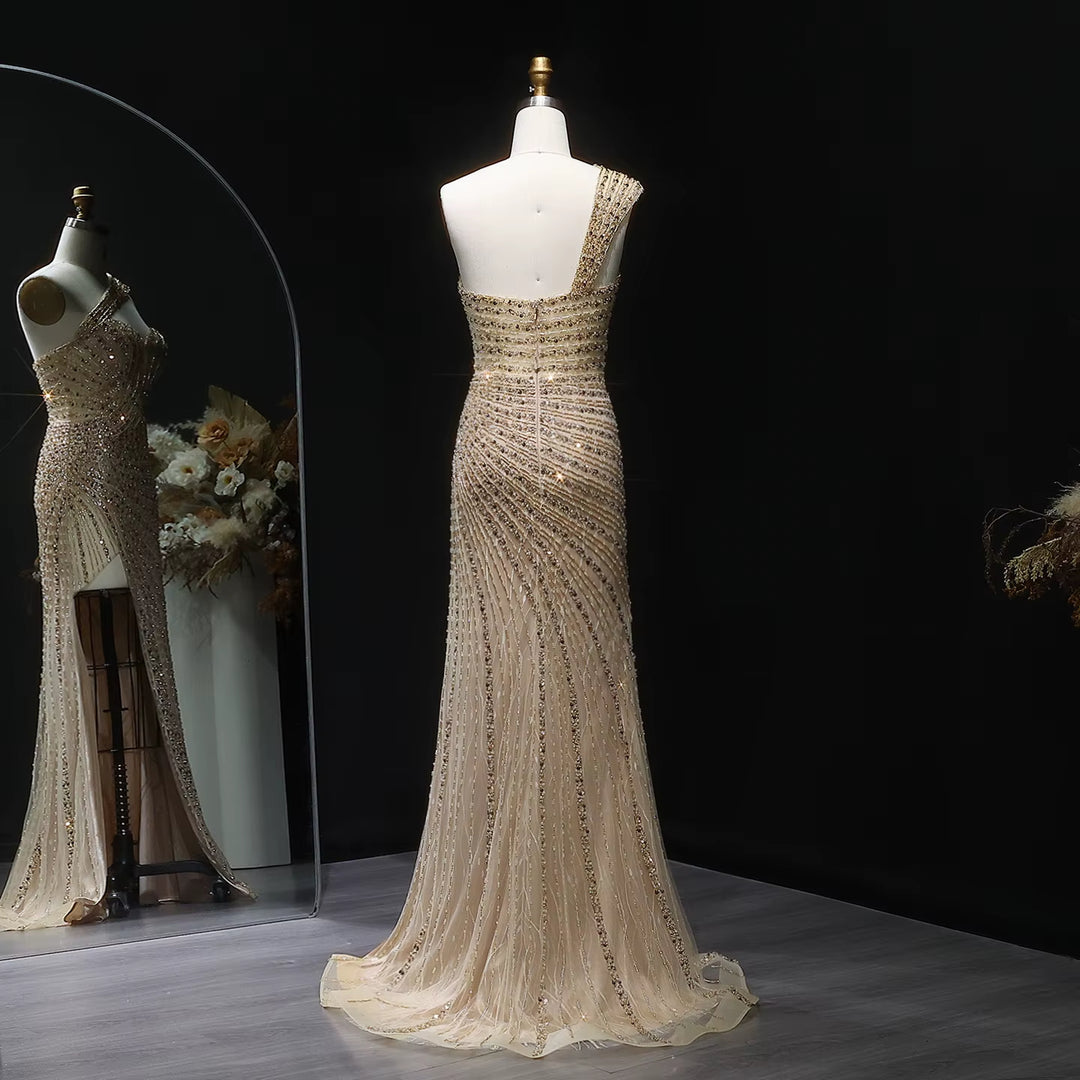 Glamorous Champagne Crystal Evening Dress with High Slit SS084