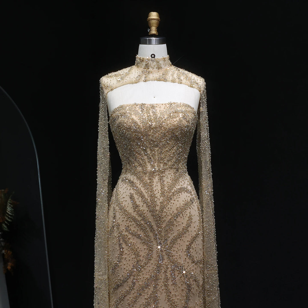 Glamorous Beaded Evening Dress with Flowing Cape Sleeves SS663