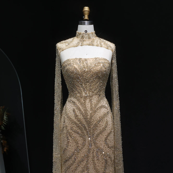 Glamorous Beaded Evening Dress with Flowing Cape Sleeves SS663