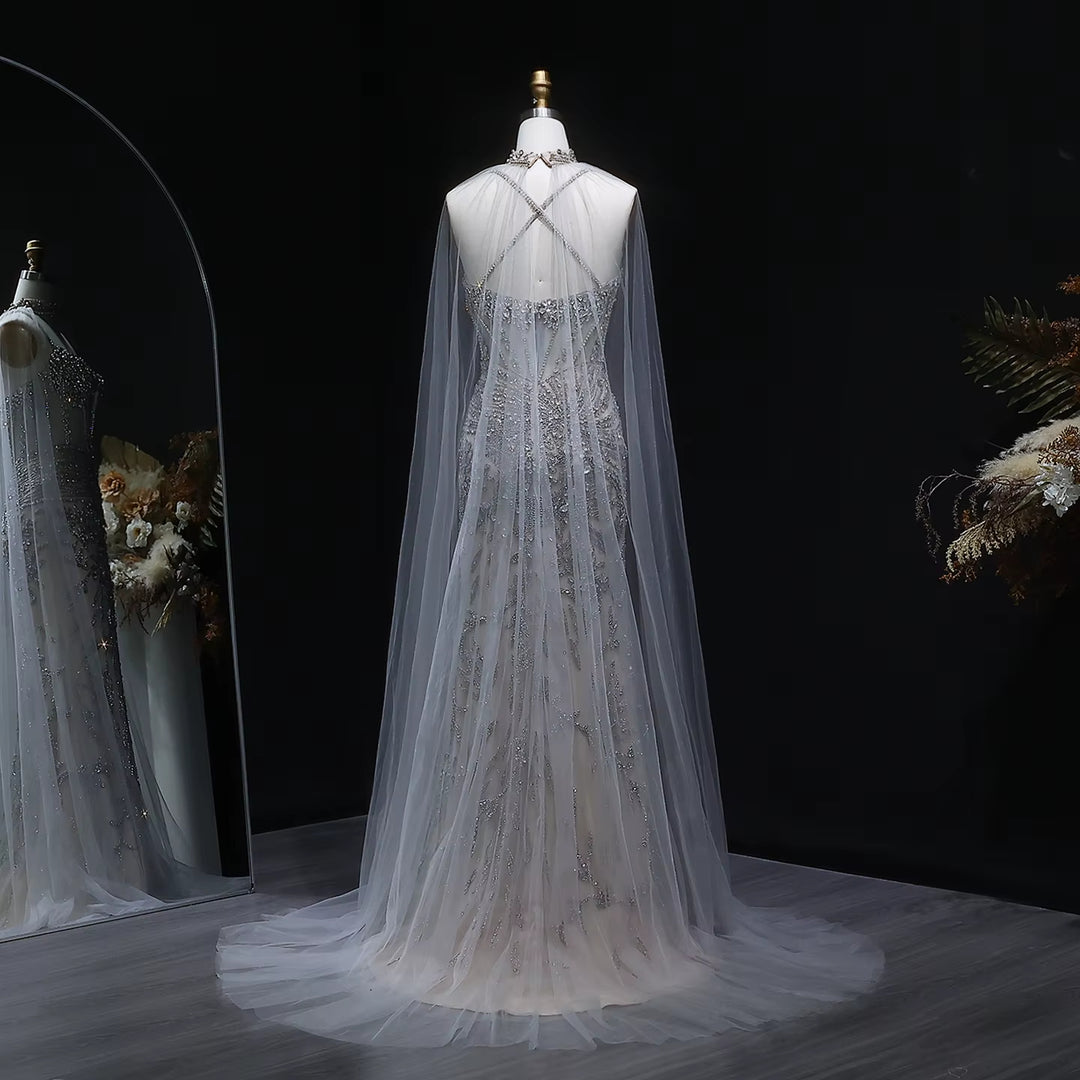 Elegant Champagne Evening Dress with Flowing Cape SS071