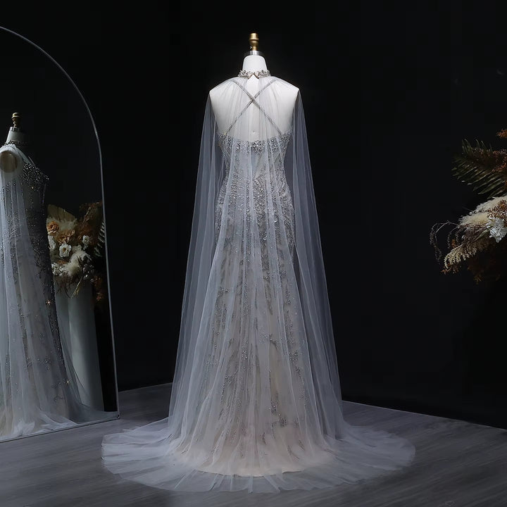 Elegant Champagne Evening Dress with Flowing Cape SS071