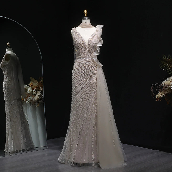 Luxury Burgundy Mermaid Evening Dress with Sparkling Beads, Scarf and Overskirt SS189