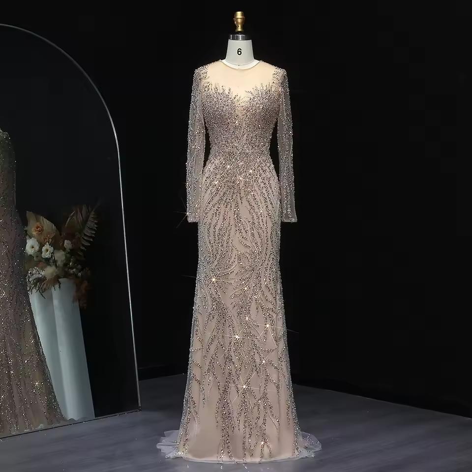 Luxury Dubai White Nude Mermaid Evening Dresses Long Sleeve SS684