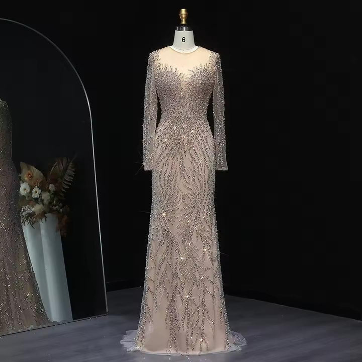 Luxury Dubai White Nude Mermaid Evening Dresses Long Sleeve SS684