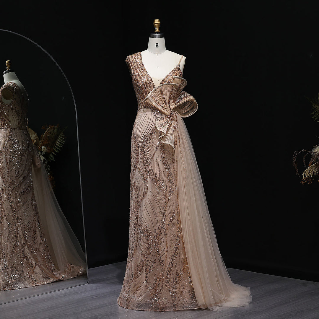 Elegant 3D Floral Beaded Evening Dress with Flowing Overskirt SS062