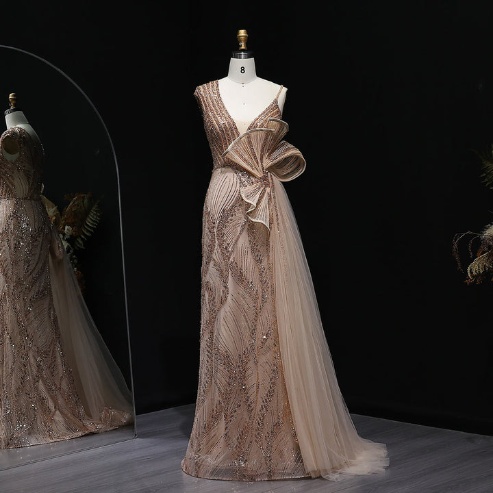 Elegant 3D Floral Beaded Evening Dress with Flowing Overskirt SS062