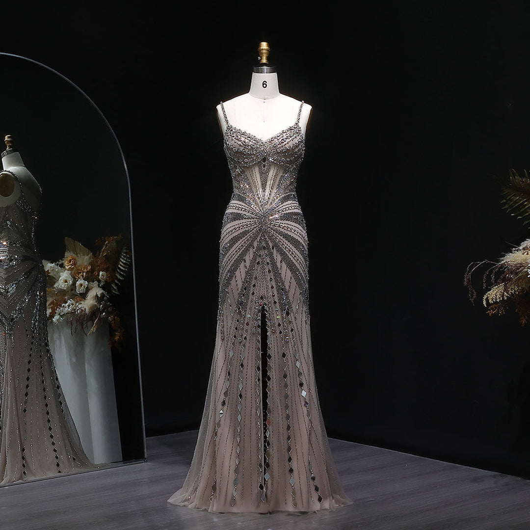 Elegant Beaded Evening Dress with Spaghetti Straps SS020