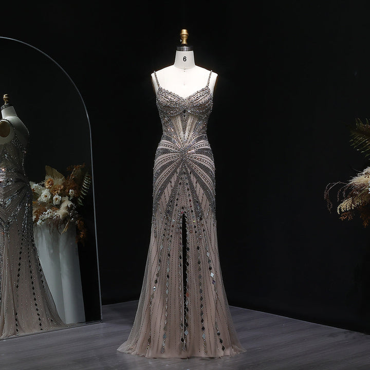 Elegant Beaded Evening Dress with Spaghetti Straps SS020