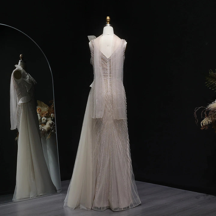 Luxury Burgundy Mermaid Evening Dress with Sparkling Beads, Scarf and Overskirt SS189