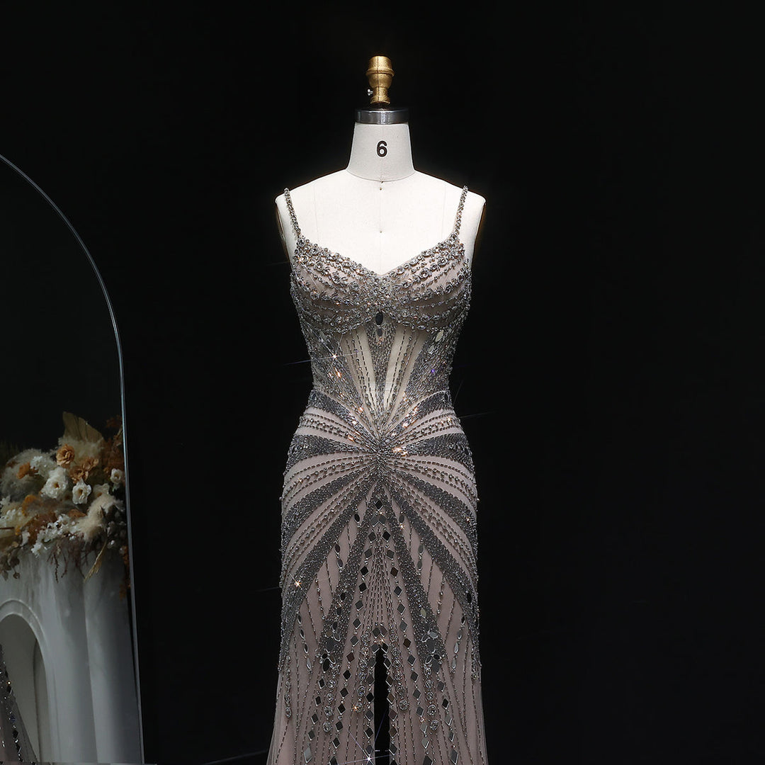 Elegant Beaded Evening Dress with Spaghetti Straps SS020