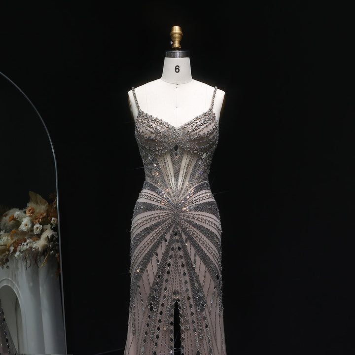 Elegant Beaded Evening Dress with Spaghetti Straps SS020