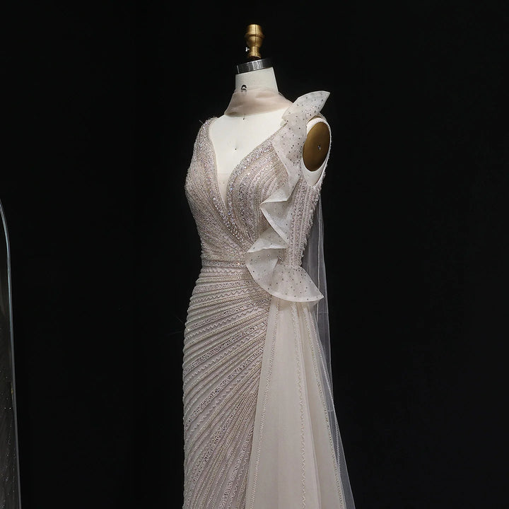 Luxury Burgundy Mermaid Evening Dress with Sparkling Beads, Scarf and Overskirt SS189