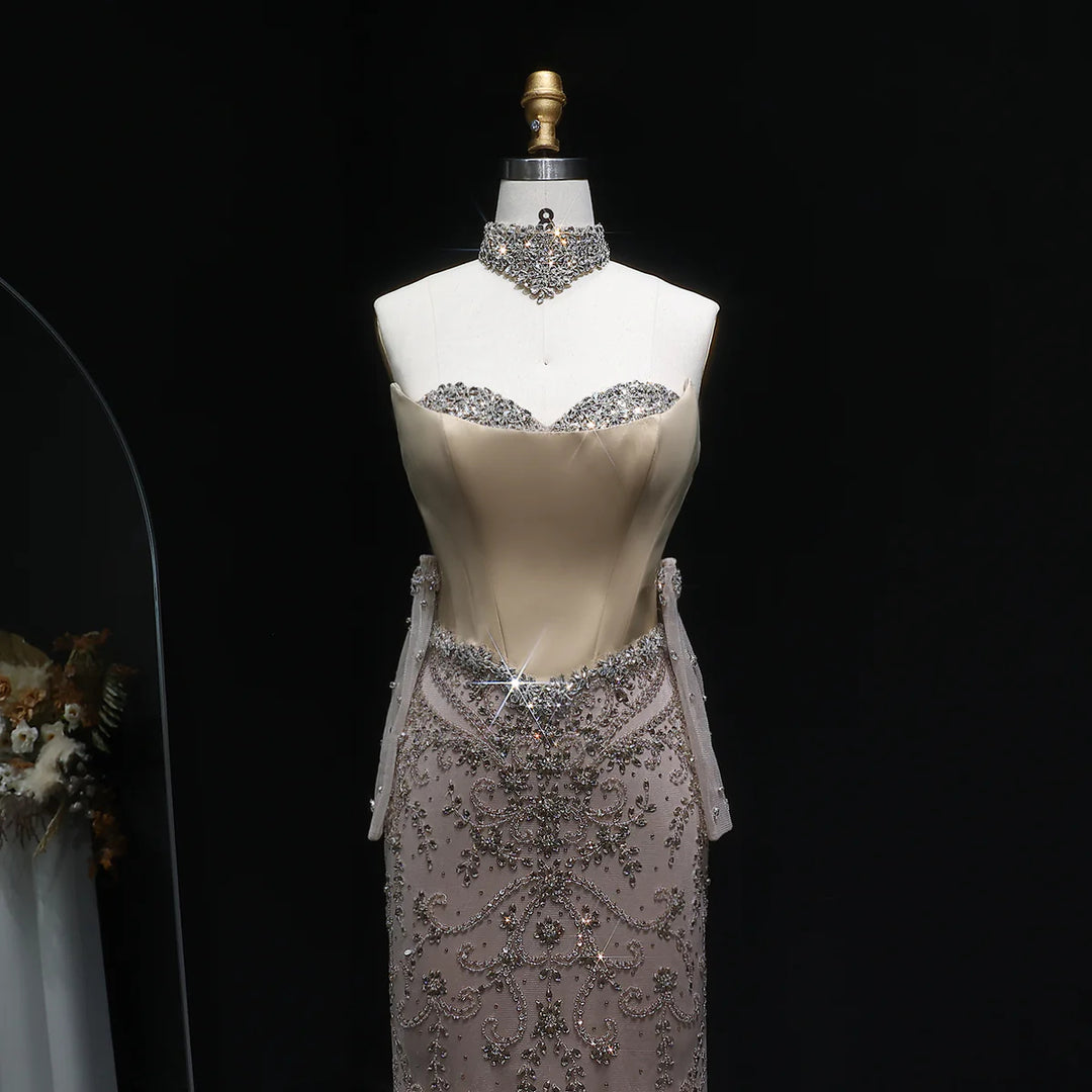 Elegant Champagne Beaded Evening Dress with Scarf Gloves SS069