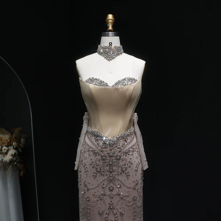 Elegant Champagne Beaded Evening Dress with Scarf Gloves SS069