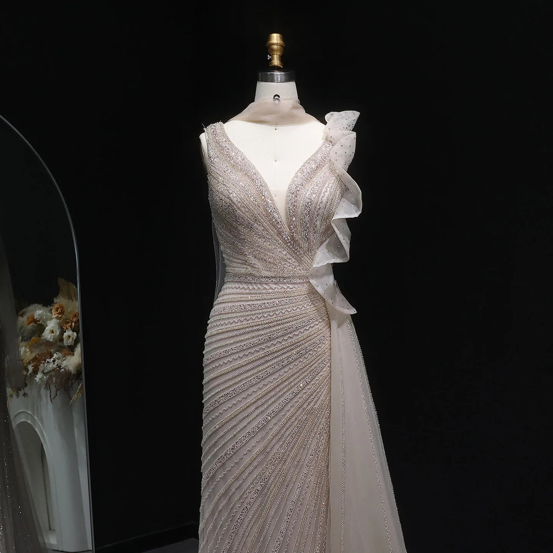 Luxury Burgundy Mermaid Evening Dress with Sparkling Beads, Scarf and Overskirt SS189