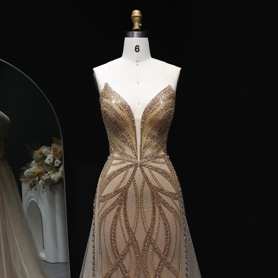 Luxury Champagne Evening Dress with Dramatic Overskirt SS068