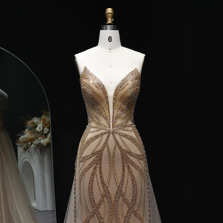 Luxury Champagne Evening Dress with Dramatic Overskirt SS068