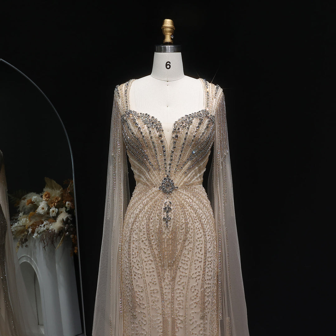 Sophisticated Evening Dress with Sheer Cape Sleeves SS024