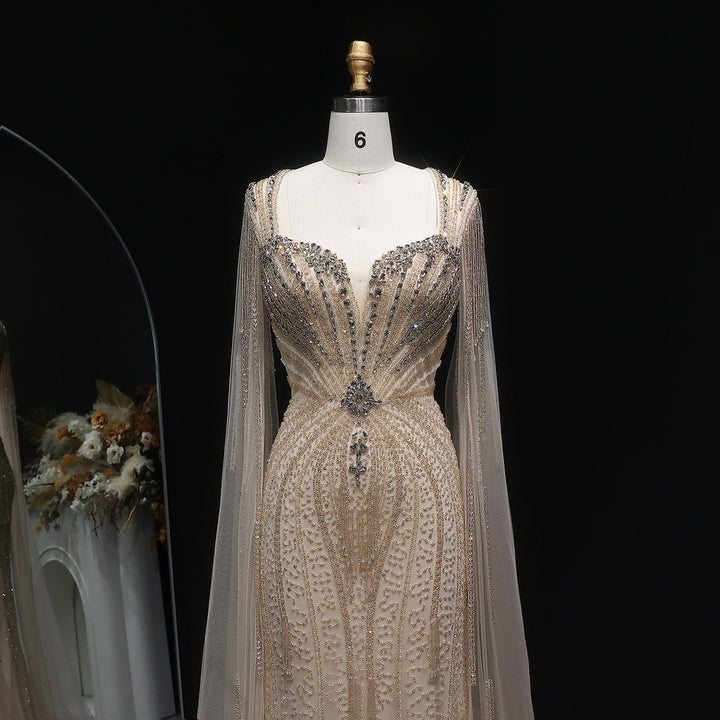 Sophisticated Evening Dress with Sheer Cape Sleeves SS024