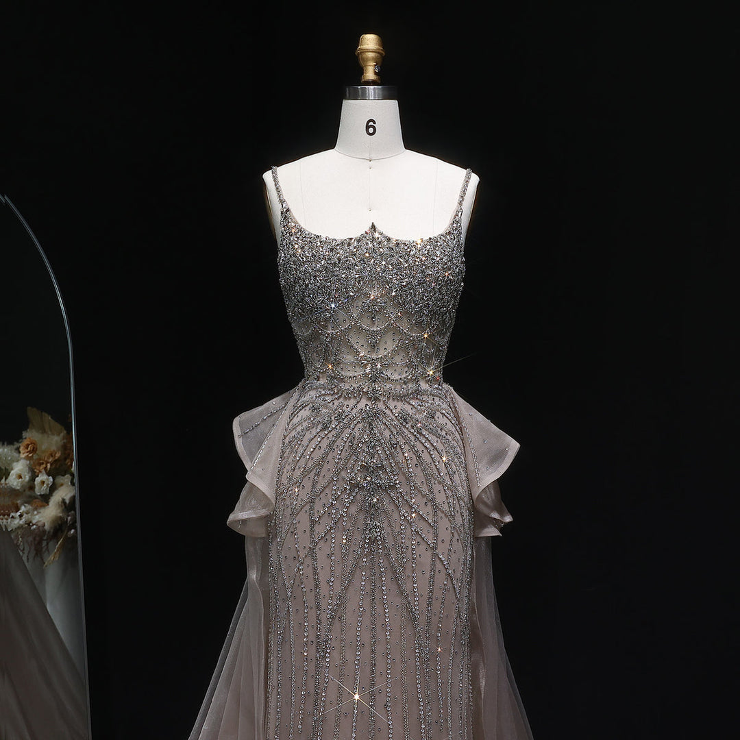 Glamorous Champagne Evening Dress with Layered Overskirt SS026