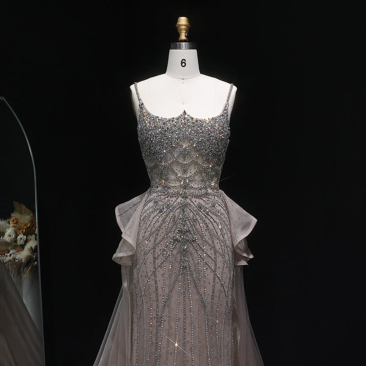 Glamorous Champagne Evening Dress with Layered Overskirt SS026