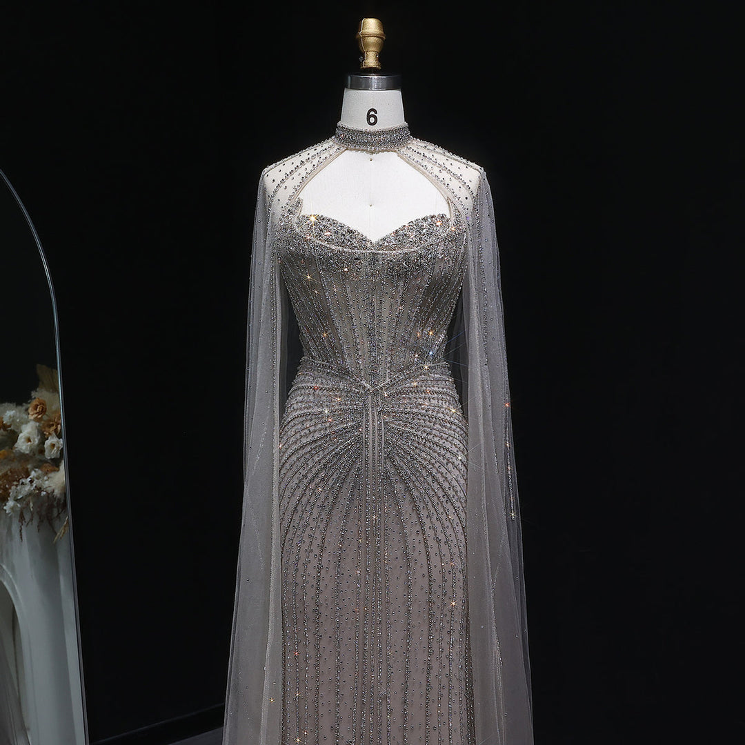 Shimmering Beaded Evening Dress with Cape Train SS156